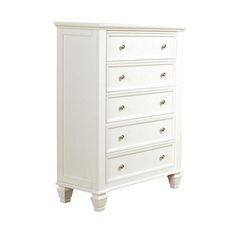 a white dresser with five drawers and two doors on the bottom drawer, in front of a white background