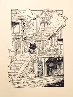 a black and white drawing of a house with stairs