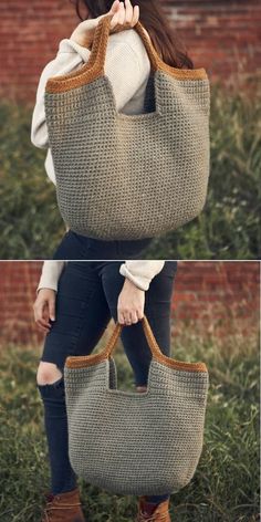 a woman carrying a large knitted bag in two different ways, with the handles open