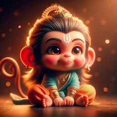 a little monkey sitting on top of a floor next to a golden background with lights