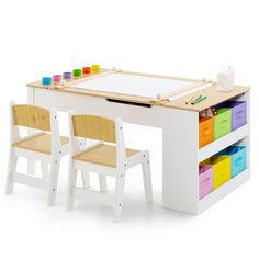 a child's desk and chair set in white with multicolored drawers