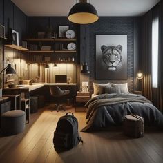 a bedroom with black walls and wooden floors