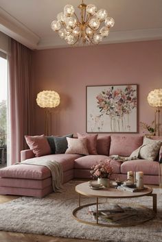 a living room filled with furniture and a chandelier