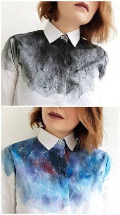 two pictures of a woman wearing a shirt with space on it and the same image as above her head