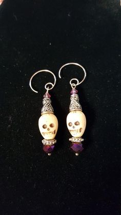 Gothic Skull in Party Hat earrings measure 2 1/2 inches long and feature carved stone Skulls with oxidized silver Party Hats, Czech fire polish beads and sterling silver findings. A whimsical addition to your own jewelry collection or that perfect one of a kind gift! I will be listing more whimsical Handmade Sterling Silver Jewelry In Bone Color, Handmade Bone Jewelry For Halloween, Bohemian Sterling Silver Skull Jewelry, Bohemian Skull Earrings For Gifts, Bohemian Handmade Skull Earrings, Skull Bead Jewelry, Clown Skull, Metal Jewelry Making, Handmade Skulls