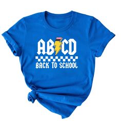 Get ready to start the new school year with the ABCD Back to School T-Shirt, perfect for kids, girls, boys, and teens! This stylish and comfortable t-shirt is designed to make the first day back to school fun and exciting. Made from high-quality cotton, this t-shirt offers a soft feel and lasting durability. Slim fit with contemporary longer lengthSize up 1-2 sizes for looser fitMade of 100% cotton Unisex fit100% cotton Please check our size chart before orderingMachine wash cold. Tumble dry low. Blue Graphic Print T-shirt For School Events, Blue Pre-shrunk T-shirt For School Events, Trendy Blue T-shirt For School, Black Graphic Print T-shirt For School, Black T-shirt For Back To School, Trendy Blue School T-shirt, Educational Graphic Print Crew Neck T-shirt, Blue College Style T-shirt With Graphic Print, Trendy School T-shirt With Crew Neck