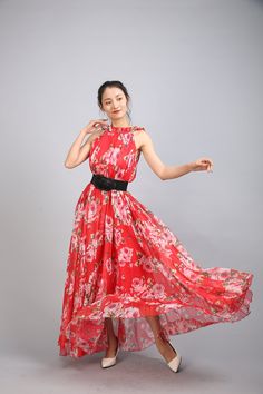 Chiffon Red Flower Long Party Dress Evening Wedding Lightweight Sundress Summer Holiday Beach Dress Bridesmaid Dress Maxi Skirt Detail Info: ❤ Color: Red flower as picture More color choice link: https://www.etsy.com/listing/213656440/chiffon-dress-color-card?ref=shop_home_feat_1 you just note the color you want with order, we will make according to your note. ❤ Material: Chiffon ❤ The dress doesn't limit the chest size and waist size, arm hole 45cm (if your upper arm circle circumference is mor Flower Long Dress, Long Flower Dress, Tea Length Bridesmaid Dresses, Beach Bridesmaid Dresses, Beach Holiday Dresses, Maxi Dress Summer, Sundress Summer, Custom Dress, Evening Dresses For Weddings