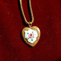 Vintage Enamel and Brass Heart Pendant Necklace Vintage Antique Gold Heart Pendant Necklace, Antique Gold Heart Pendant Vintage Necklace, Vintage Necklace For Valentine's Day, Vintage Brass Necklace For Valentine's Day, Vintage Necklaces With Vintage Charm For Valentine's Day, Valentine's Day Enamel Heart Pendant Necklace, Vintage Brass Heart Necklace, Vintage Heart-shaped Brass Necklace, Vintage Enamel Jewelry With Vintage Charm