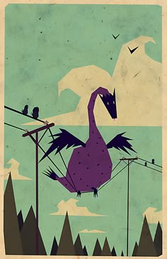 a purple bird standing on top of an electric pole next to power lines and birds