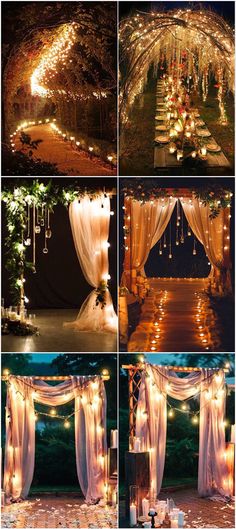 an outdoor wedding set up with lights and drapes