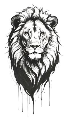 a black and white drawing of a lion's head with dripping paint on it