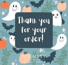 a thank card with ghost and pumpkins in the background that says, thank you for your order