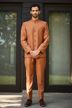 Orange Terrywool Solid Bandhgala And Straight Pant Set Embroidery Motif, Orange Dress, Pant Set, Straight Pants, Aza Fashion, Pants Set, Rust, For Men, Embroidery