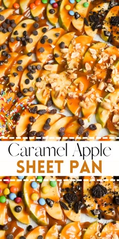 caramel apple sheet pan with candies and chocolate chips on the top, topped with candy