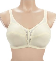 This sweet and simple bra is designed with horizontal seams in the cup that give a slight conical shape for a more retro look. Multi-part, wireless cup made of nylon tricot is unlined (unpadded). Horizontal seaming across the cups gives a more vintage, conical look. Full coverage cups with a slight V-neckline. Semi-sheer mesh at edges of cup and down the center creates a lovely effect and stays in place with sewn-on, picot trimmed elastic at the edges. Delicate, scalloped mesh peeks out from und Cream Full Coverage Bra With Removable Pads, Full Coverage Cream Bra With Removable Pads, Classic Full Cup Beige Bra, Classic Beige Full Cup Bra, Classic Cream Bra With Padded Cups, Elegant Cream Bra With Medium Bust Support, Beige Full Cup Bra Partially Lined, Beige Full Coverage Bra Partially Lined, Beige Full Coverage Partially Lined Bra