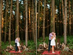 an engaged couple sitting on a log in the woods during their engagement photo session at sunset