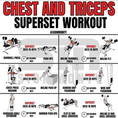 the chest and triceps superset workout routine is shown in this poster, with instructions