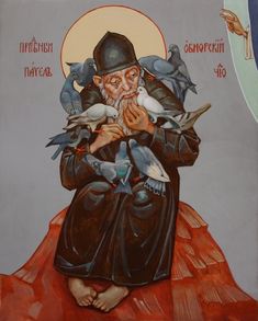 a painting of an old man with pigeons on his shoulder and the words in russian above him