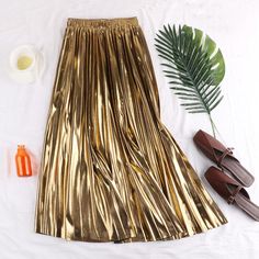 High Waist Black Silver Gold Pleated Midi Skirt Mode Boho, Half Skirt, Korean Fashion Trends, Pleated Maxi, Women Midi, Pleated Midi Skirt, How To Dye Fabric, Casual Skirt, Women Skirts Midi