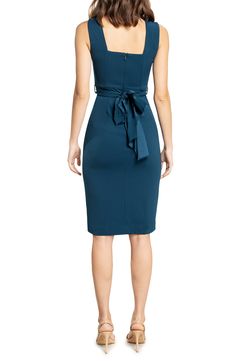 Flattering and sophisticated, this midi-length crepe dress features a figure-skimming silhouette, alluring side slits and a tie that wraps around the waist. 42 1/2" length Hidden back-zip closure V-neck Sleeveless Get the perfect fit—book an appointment with one of our alterations experts Lined 96% polyester, 4% spandex Hand wash, dry flat Imported Women's Clothing Sleek Knee-length Elastane Dress, Flattering Sheath Midi Dress With Elastane, Sheath Midi Dress With Flattering Silhouette, Elegant Mid-length Bodycon Dress For Work, Knee-length Elastane Cocktail Dress, Belted Sheath Midi Dress For Party, Fitted Blue Midi Dress With Side Slits, Chic Mid-length Bodycon Dress For Formal Occasions, Elastane Midi Dress For Date Night