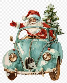 santa claus driving a car with a christmas tree in the back seat, hd png