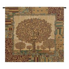 the tree of life tapestry is hanging on a wall in front of a white background