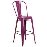 purple metal bar stool with back and seat