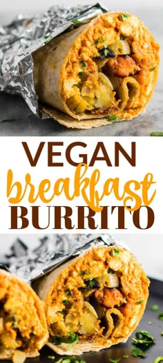 vegan breakfast burrito cut in half and stacked on top of each other with text overlay