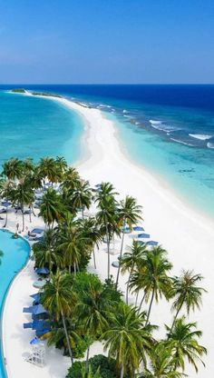 an aerial view of the beach with palm trees and blue water in the background, surrounded by white sand