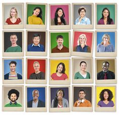 a group of people that are standing in front of each other with different colored faces