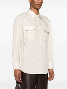 Lemaire shirt in creamy white cotton featuring a western style, with snap buttons, chest pockets and standard fit. Classic Cream Shirt With Pockets, Western Style Button-up Shirt For Work, Western Style Shirt, Box Pleats, Style Shirt, Creamy White, Western Style, Cream White, Cotton Poplin