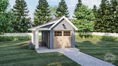 a small shed with a wooden door in the grass