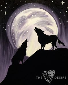 two wolfs standing on top of a hill looking at the stars in the sky