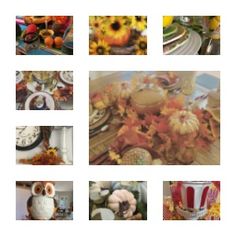 a collage of photos with autumn decorations and flowers on them, including an owl