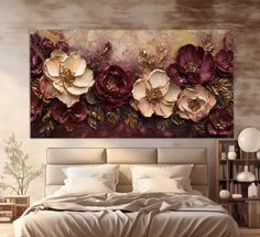 a large painting on the wall above a bed