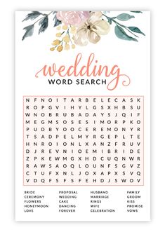 the wedding word search printable is shown in pink and white with flowers on it