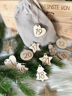 wooden numbers and ornaments are on display in front of a bag with christmas tree decorations