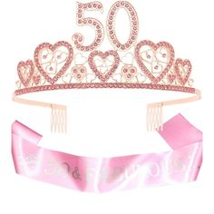 VeryMerryMakering offers a set of beautiful and elegant accessories for the perfect 50th birthday party. The set includes a silver tiara and a black and silver sash with the words "50 & Fabulous". Made of durable, eco-friendly alloy metal, crystals, and rhinestones, these glittery accessories are nickel-free and measure 5.12 inches on the front side, with the number 50 measuring 1.57 x 1.57 inches. This set makes a perfect gift for a girlfriend or friend and will make them feel like a queen for 75th Birthday Gifts, 16th Birthday Decorations, 13th Birthday Gifts, Birthday Tiara, Birthday Sash, 90th Birthday Gifts, Birthday Accessories, Perfect Birthday Party, 70th Birthday Gifts