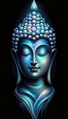 a buddha statue with its eyes closed and the head turned to look like it is surrounded by bubbles