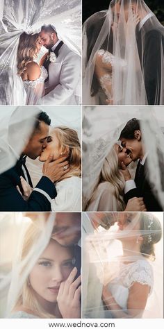 a collage of photos showing the bride and groom kissing under their veils,