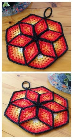 crocheted hexagon is shown on the table