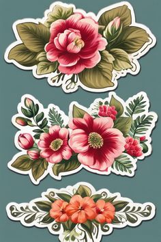 three flower stickers with leaves and flowers on the bottom one is pink, red and green