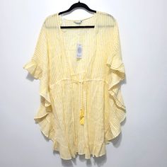 Yellow, White And Gold Striped Light Weight Beach Cover Up. Front Tie With Tassels. Appears To Be A Size Large/X-Large. Yellow V-neck Top For Beach Season, Yellow Beachwear Top For Day Out, Yellow Beachy Top For Vacation, Yellow Beachy Cover-up For Vacation, Yellow Cover-up For Day Out In Summer, Summer Yellow Cover-up For Day Out, Mustard V-neck Beach Top, Yellow V-neck Cover-up For Summer, Yellow Beachwear Cover-up For Summer