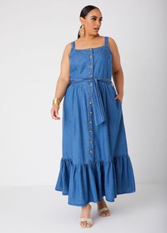 Flounced Chambray Maxi Dress, Dk Rinse Denim Dress Plus Size, Plus Size Denim Dress, Plus Size Trendy, Chic Maxi Dresses, Chic Jeans, Dress Stylish, Plus Size Denim, Pretty Fashion, Jean Dress