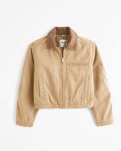 Women's Cropped Twill Workwear Jacket | Women's New Arrivals | Abercrombie.com Womens Moto Jacket, Stylish Blazer, Classic Denim Jacket, Workwear Jacket, Weekend Wardrobe, Work Jackets, Women's Coats & Jackets, Women's Coats, Twill Fabric