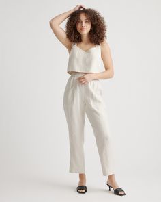 Whether you're heading to the office, out for brunch with friends, or lounging at home, the 100% European Linen Tapered Ankle Pants is the perfect choice. Made from high-quality sustainability grown linen, these pants are lightweight, breathable, and oh-so-comfortable. The tapered design flatters your figure and elongates your legs, creating a slimming effect that is both stylish and flattering. The pants are versatile enough to be paired with anything from a basic tee to a dressy blouse, making Effortless Summer Loungewear Pants, Spring Linen Pants For Day Out, Linen Pants For Spring Day Out, Chic Flax-colored Loungewear Bottoms, Chic Flax Bottoms For Loungewear, Effortless Linen Lounge Pants, Effortless Linen Pants For Loungewear, Effortless Everyday Linen Pants, Spring Linen Loungewear Pants