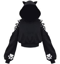 PRICES MAY VARY. Womens Girls Cute unique cat ear design,cat ear hoodies,long sleeves, loose fit, round neckline,casual style, chic hollow lace design on sleeves Material: 90%Polyester &10%Spandex Fashion womens cat ear hoodies are suitable for daily wearing, party , work, sport, holiday, Halloween and Christmas Day etc. Hand wash or machine wash recommended, no bleaching Please read the size chart before order Women's Girl's Cat Ear Hoodie Pullover Long Sleeve Off Shoulder Cute Crop Top Hoodies Designer Hoodies Women, Cat Clothes For Women, Draincore Fashion, Emo Things To Buy, Goth Clothes Women, Cute Emo Clothes, Outfit Ideas Hello Kitty, Unique Clothing Pieces, Outfit Ideas With Hoodies