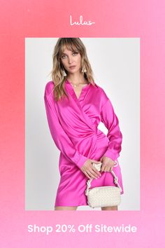 The Lulus Total Sweetness Hot Pink Satin Long Sleeve Shirt Dress is perfect for your next night out! Sleek woven satin forms this trendy shirt dress with a collared neckline, long sleeves (with buttoned cuffs), and a surplice bodice that carries into a pleated, overlapping design that creates a faux-wrap look. Overlapped mini skirt ends at a leg-baring length! Fit: This garment fits true to size. Length: Above mid-thigh. Size medium measures 34.5" from shoulder to hem. Bust: Great for any cup size. Waist: Loosely Fitted. Hip: Loosely Fitted. Undergarments: May be worn with any standard bra. Fabric: Fabric has no stretch. Unlined. Self: 97% Polyester, 3% Spandex. Hand Wash Cold. Imported. Lulus | Total Sweetness Hot Pink Satin Long Sleeve Shirt Dress. Overlapping Design, Royal Blue Shorts, Pink Dress Short, Casual Formal Dresses, Lulu Fashion, Pretty Shorts, Satin Long Sleeve, Casual Wedding Dress, Trendy Shirts