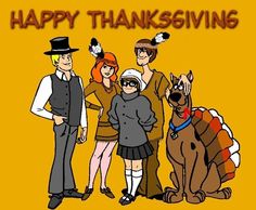 an image of a thanksgiving card with people and a dog