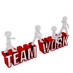 three small people are running on the word teamwork in red letters with white background